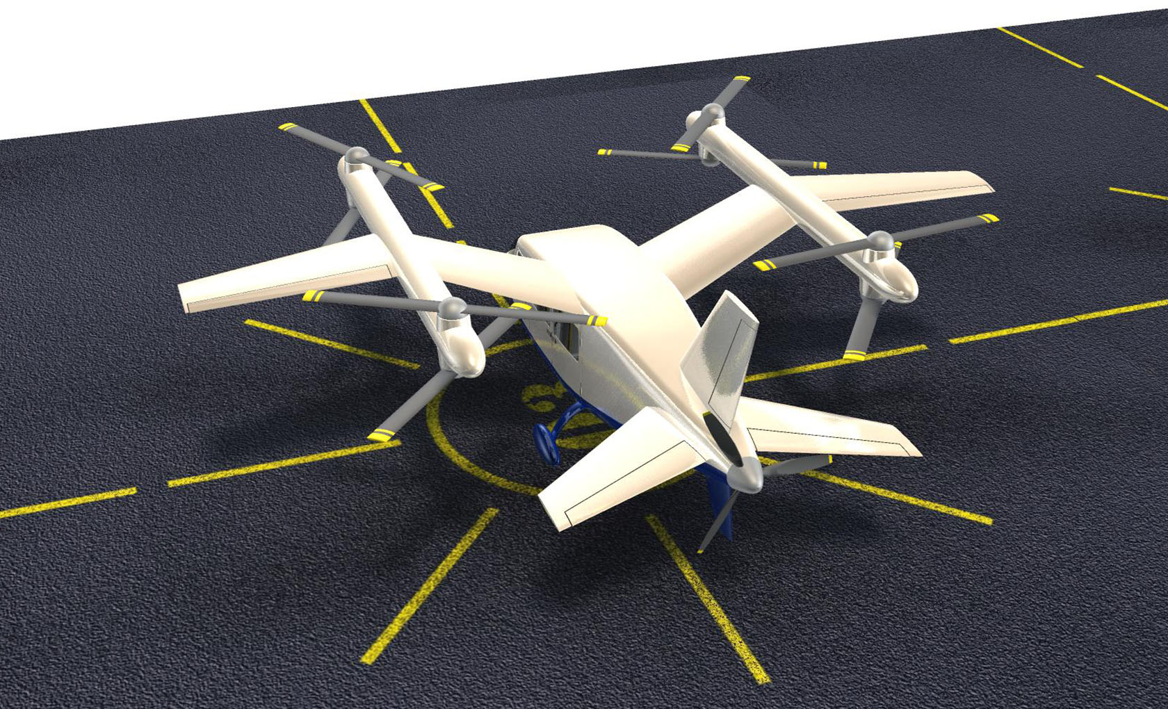 Prism with wingtips folded on a landing pad Happy Takeoff Prism, hybrid-electric VTOL aircraft.